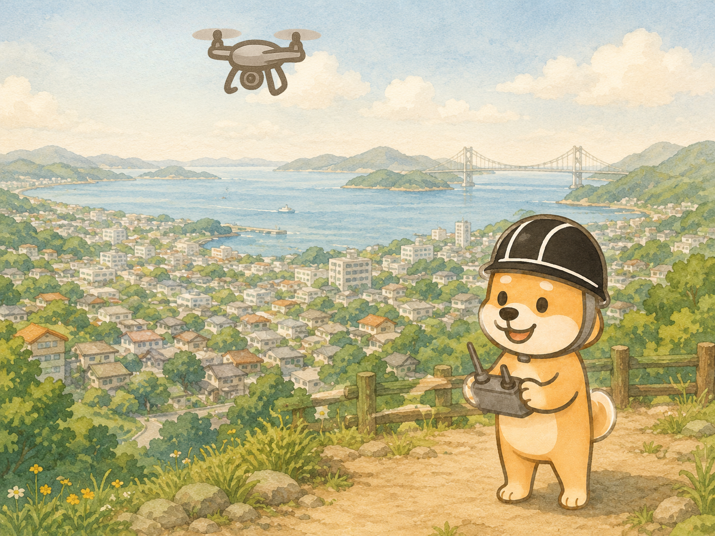 ヘルメットをかぶって送信機を持つワンコキャラクター